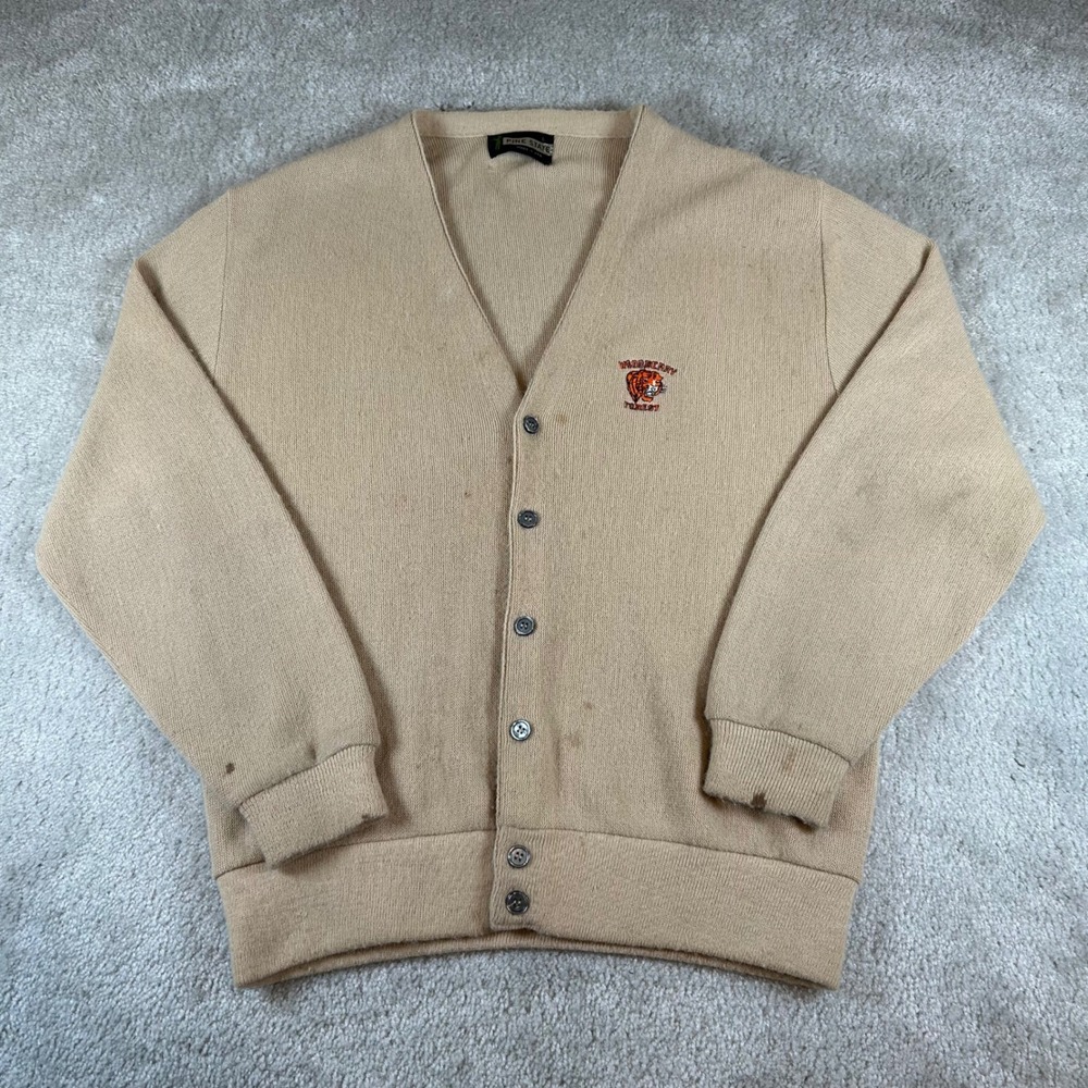 Vintage Pine State Cardigan Mens L Tan Acrylic V-Neck Woodbury Forest Tiger USA
